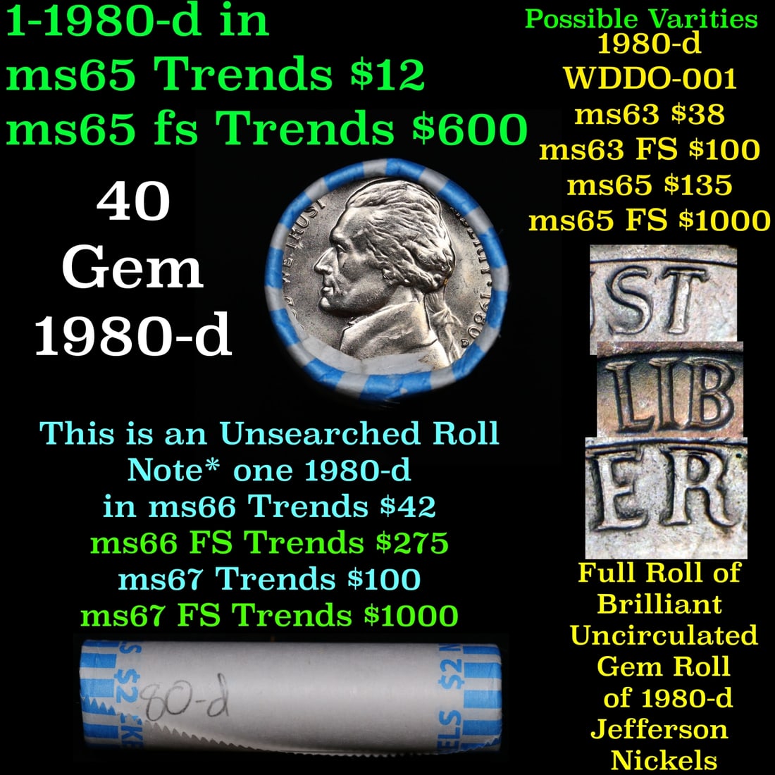 BU Shotgun Jefferson 5c roll, 1980-d 40 pcs Bank $2 Nickel Wrapper: BU Shotgun Jefferson 5c roll, 1980-d 40 pcs Bank $2 Nickel Wrapper. Historic precious metal trends is causing increased spot pricing by the day. On auctions with set openings, we are doing our best to