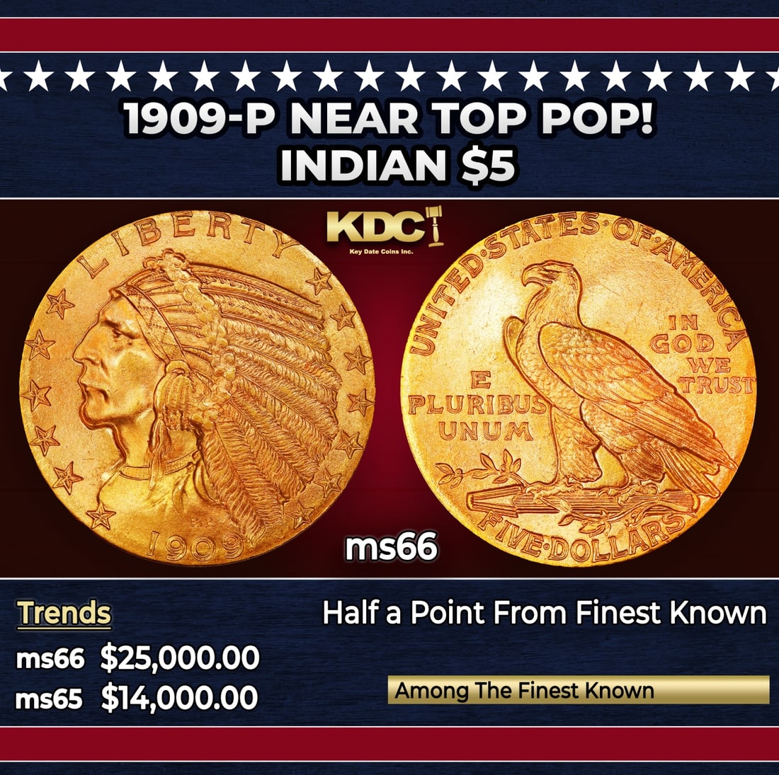 1909-p Gold Indian Half Eagle Near Top Pop! $5 ms66 USCG: 1909-p Near Top Pop! Gold Indian Half Eagle $5 ms66 USCG. Enchanting satin surfaces are highly lustrous and bathed in beautiful, vivid reddish-orange color. Fully defined over even the most trivial fe