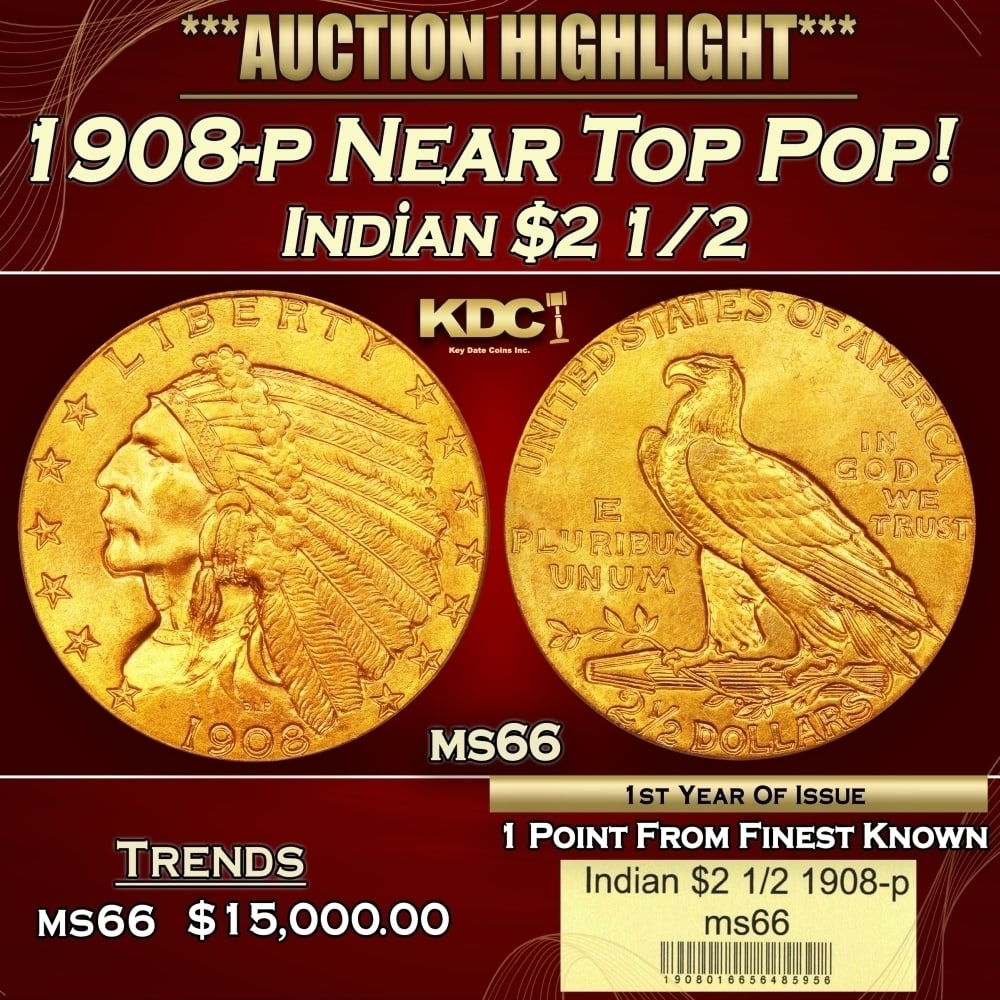 1908-p Gold Indian Quarter Eagle Near Top Pop! $2 1/2 ms66 USCG (1 of 4)