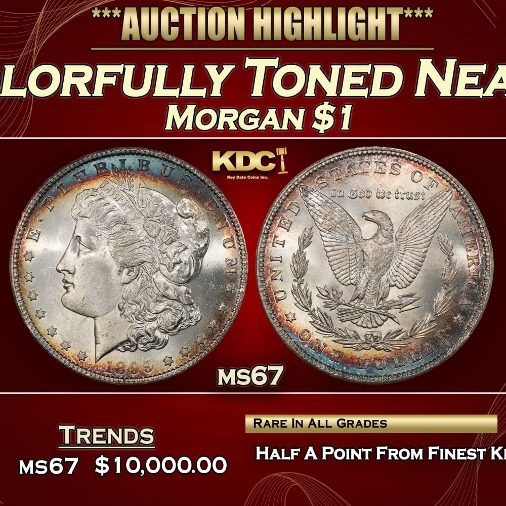 1899-p Morgan Dollar Colorfully Toned Near Top Pop $1 ms67 SEGS: 1899-p Colorfully Toned Near Top Pop Morgan Dollar $1 ms67 SEGS. 0