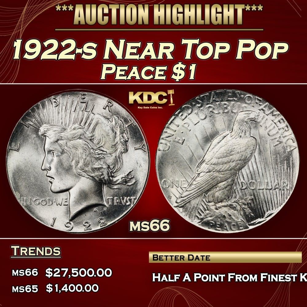 1922-s Peace Dollar Near Top Pop $1 ms66 SEGS: 1922-s Near Top Pop Peace Dollar $1 ms66 SEGS. 0