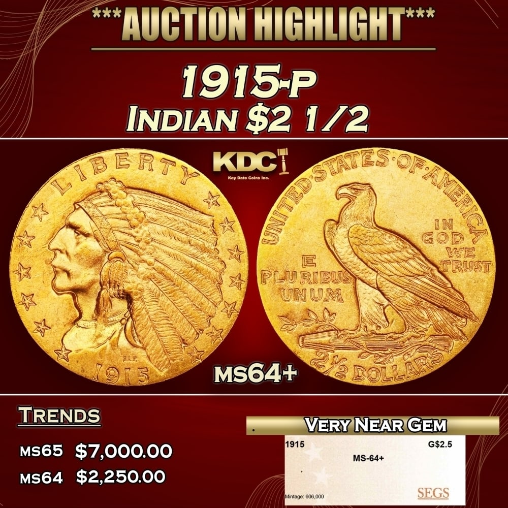 1915-p Gold Indian Quarter Eagle $2 1/2 ms64+ SEGS (1 of 4)