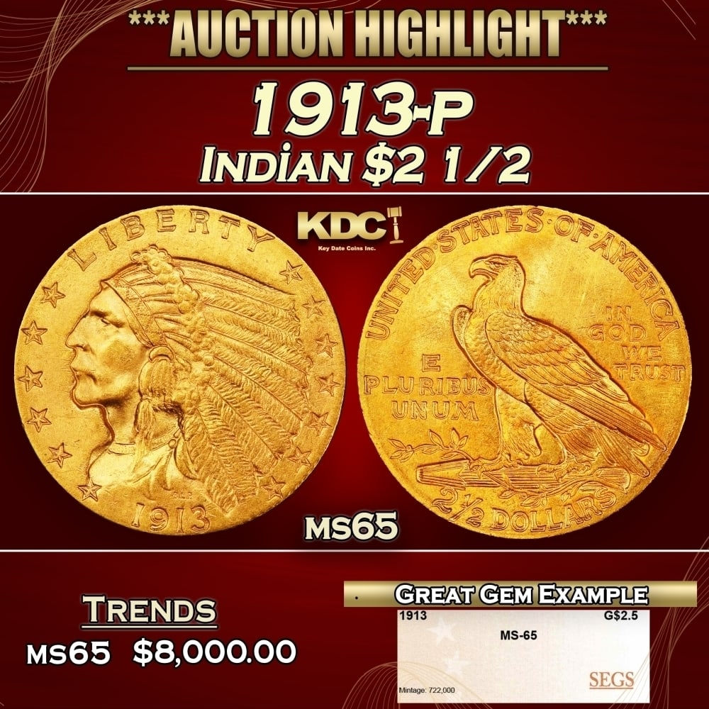 1913-p Gold Indian Quarter Eagle $2 1/2 ms65 SEGS (1 of 4)
