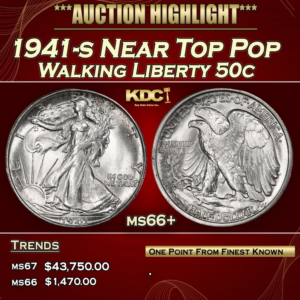 1941-s Walking Liberty Half Dollar Near Top Pop 50c ms66+ SEGS: 1941-s Near Top Pop Walking Liberty Half Dollar 50c ms66+ SEGS.
