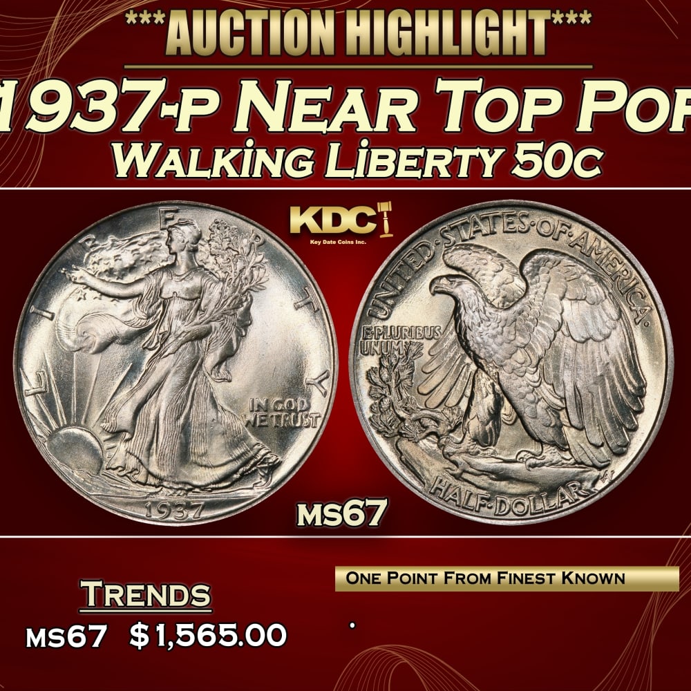 1937-p Walking Liberty Half Dollar Near Top Pop 50c ms67 SEGS: 1937-p Near Top Pop Walking Liberty Half Dollar 50c ms67 SEGS.