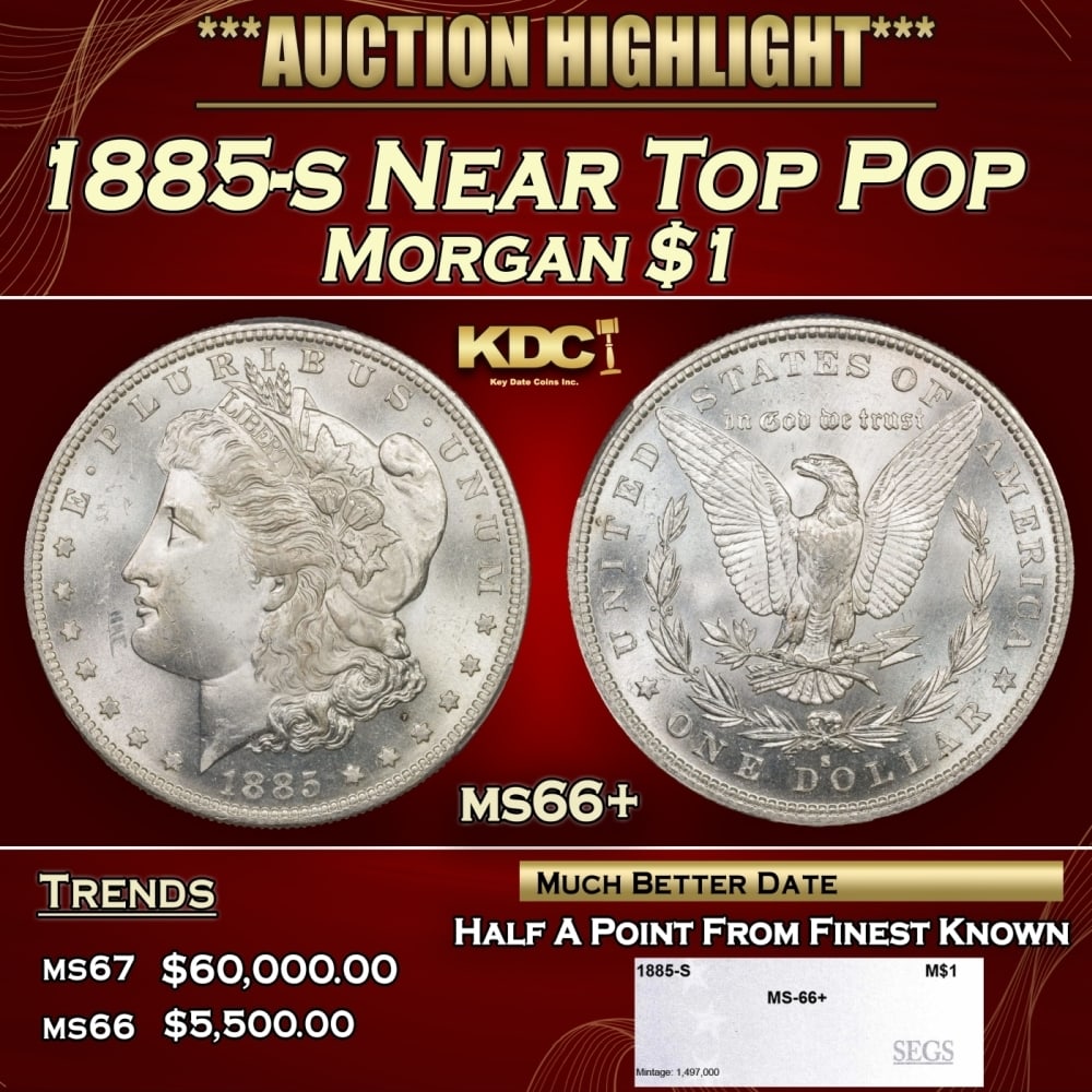 1885-s Morgan Dollar Near Top Pop $1 ms66+ SEGS: 1885-s Near Top Pop Morgan Dollar $1 ms66+ SEGS. 0