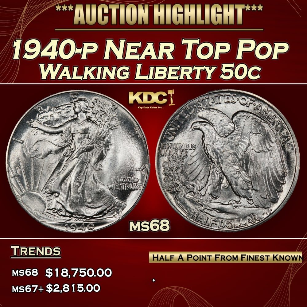 1940-p Walking Liberty Half Dollar Near Top Pop 50c ms68 SEGS: 1940-p Near Top Pop Walking Liberty Half Dollar 50c ms68 SEGS. 0