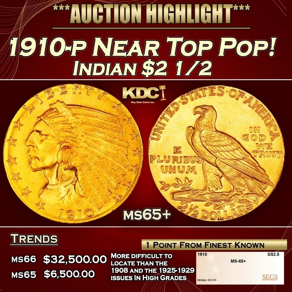 1910-p Gold Indian Quarter Eagle Near Top Pop! $2 1/2 ms65+ SEGS: 1910-p Near Top Pop! Gold Indian Quarter Eagle $2 1/2 ms65+ SEGS. The 1910 Indian quarter eagle claims a nominal mintage of 492,000 pieces, and the issue is a medium rarity in the series in high grade