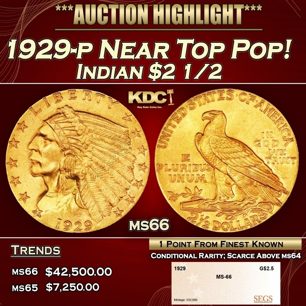 1929-p Gold Indian Quarter Eagle Near Top Pop! $2 1/2 ms66 SEGS: 1929-p Near Top Pop! Gold Indian Quarter Eagle $2 1/2 ms66 SEGS. Per David Akers Of PCGS "This is an unusual issue in that it is easy to find in MS-63 or lower condition but surprisingly difficult to 