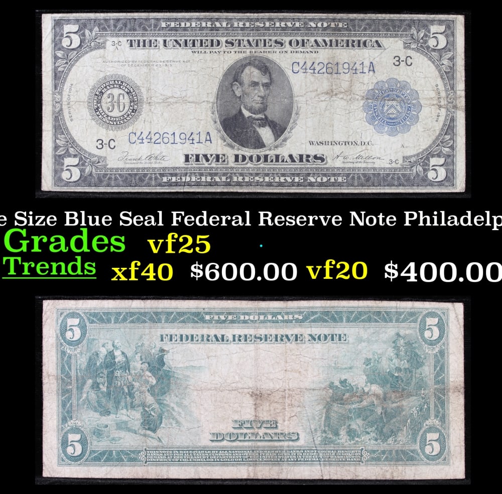 1914 $5 Large Size Blue Seal Federal Reserve Note Philadelphia, PA Grades vf+ FR-855: 1914 $5 Large Size Blue Seal Federal Reserve Note Philadelphia, PA Grades vf+ FR-855. Despite having 1913 written on them, these are actually from the series of 1914, as it says on the right and left 