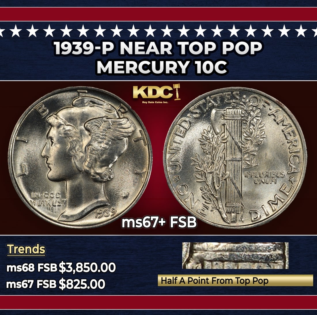 1939-p Mercury Dime Near Top Pop 10c ms67+ FSB SEGS: 1939-p Near Top Pop Mercury Dime 10c ms67+ FSB SEGS. Historic precious metal trends is causing increased spot pricing by the day. On auctions with set openings, we are doing our best to have items pri