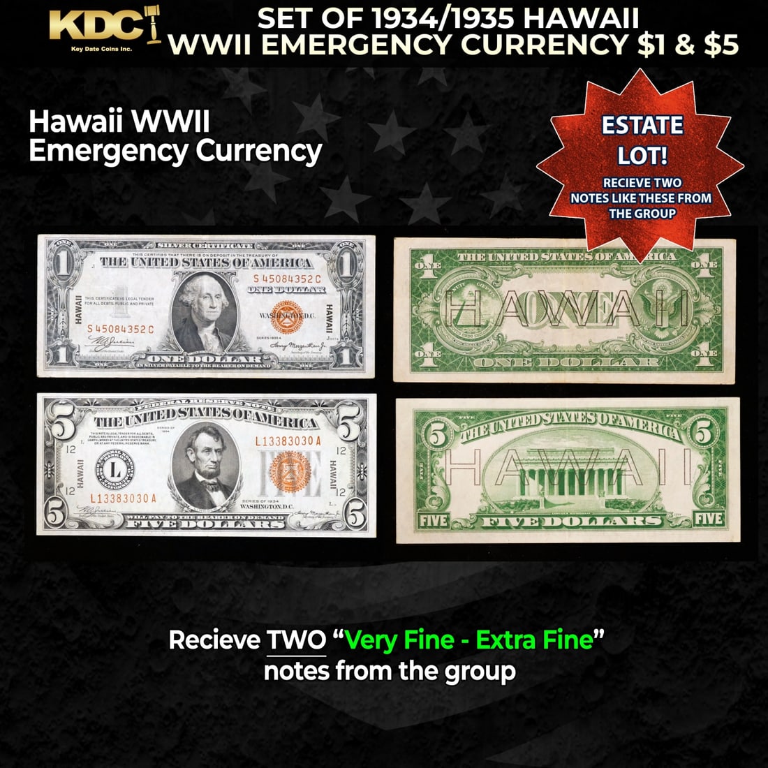Set of 1934/1935 Hawaii WWII Emergency Currency $1 & KEY $5 Grades VF/XF: Set of 1934/1935 Hawaii WWII Emergency Currency $1 & KEY $5 Grades VF/XF. It was the darkest days of World War II, just after Pearl Harbor. Everybody in Hawaii was sitting on pins and needles. Were th