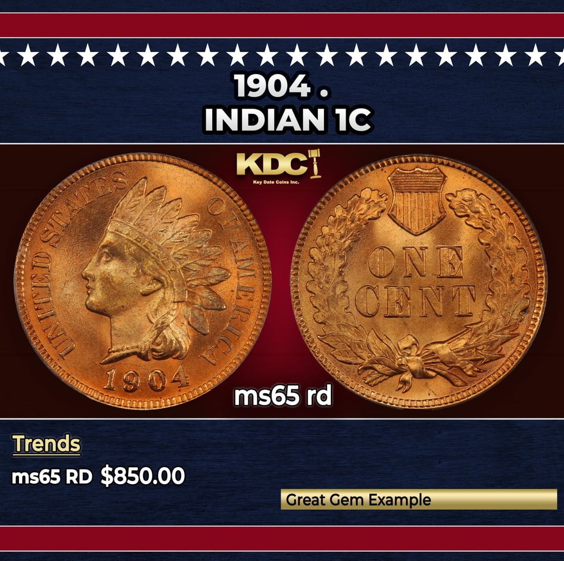 1904 Indian Cent . 1c Grades ms65 rd: 1904 . Indian Cent 1c Grades ms65 rd. Historic precious metal trends is causing increased spot pricing by the day. On auctions with set openings, we are doing our best to have items priced at their ma