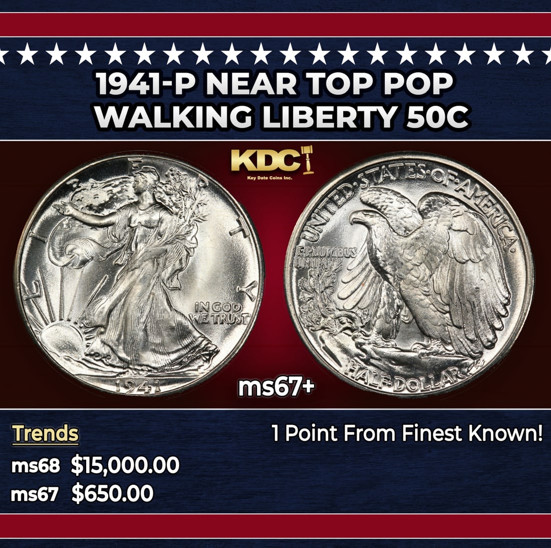 1941-p Walking Liberty Half Dollar Near Top Pop 50c ms67+ SEGS: 1941-p Near Top Pop Walking Liberty Half Dollar 50c ms67+ SEGS. Historic precious metal trends is causing increased spot pricing by the day. On auctions with set openings, we are doing our best to hav