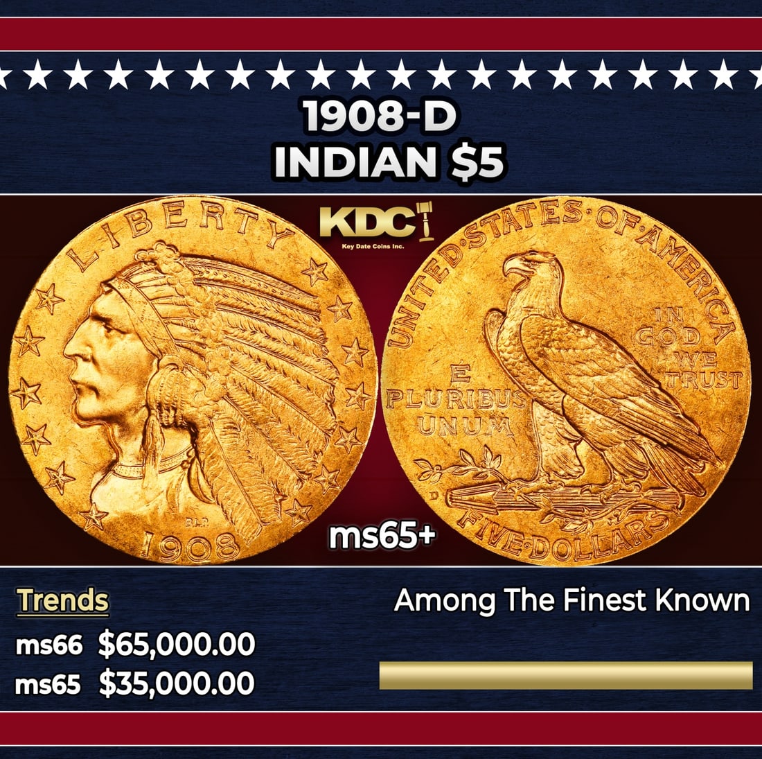 1908-d Gold Indian Half Eagle $5 ms65+ USCG: 1908-d Gold Indian Half Eagle $5 ms65+ USCG. Historic precious metal trends is causing increased spot pricing by the day. On auctions with set openings, we are doing our best to have items priced at t
