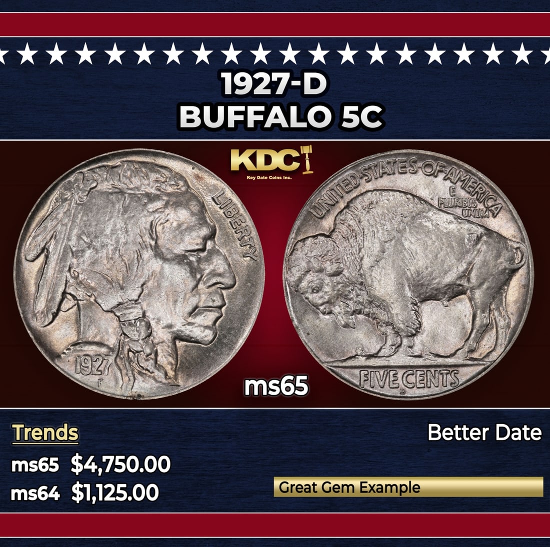 1927-d Buffalo Nickel 5c ms65 SEGS: 1927-d Buffalo Nickel 5c ms65 SEGS. Historic precious metal trends is causing increased spot pricing by the day. On auctions with set openings, we are doing our best to have items priced at their mark