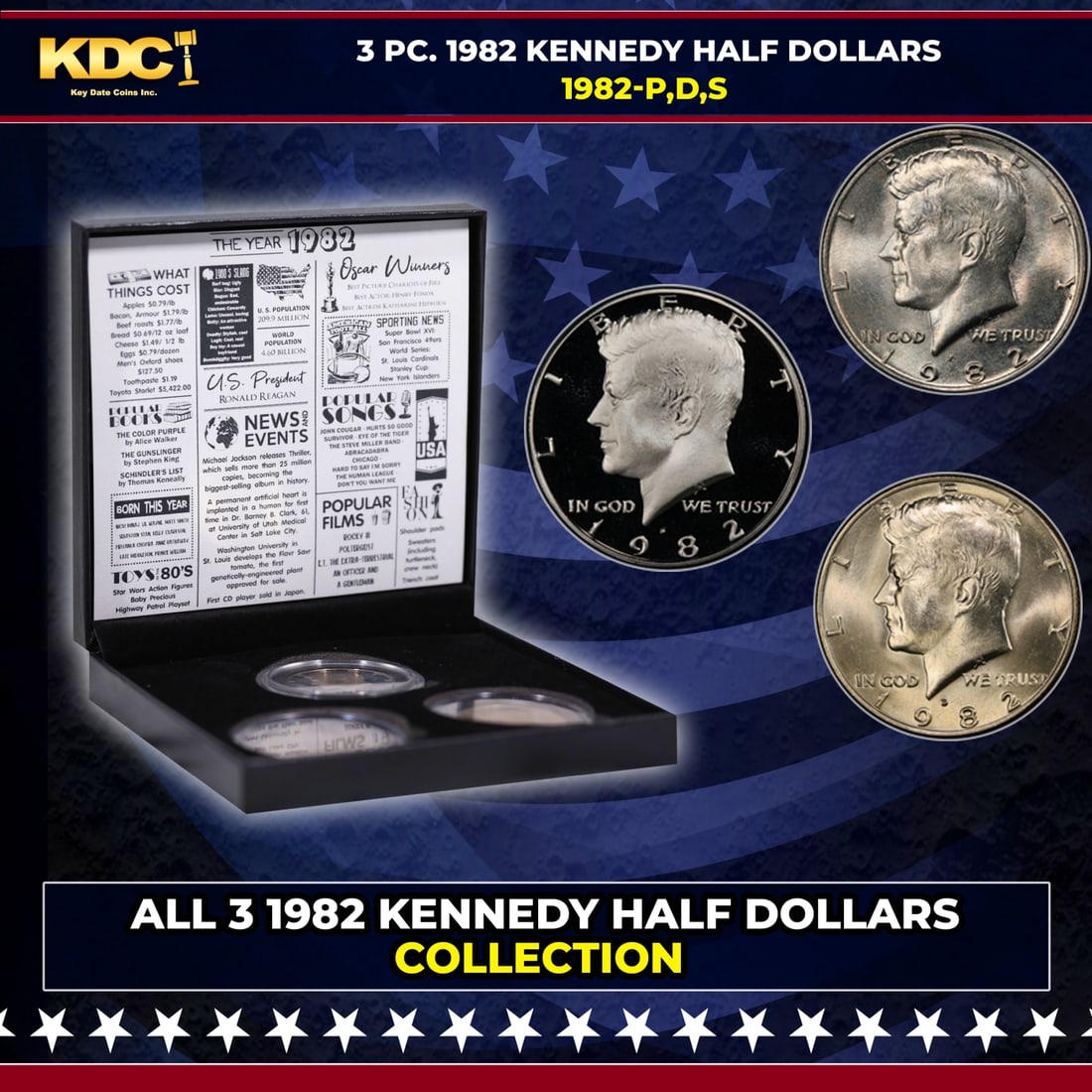 Complete 3 PC. 1982 Kennedy Half Dollar 50c set In Custom Box W/ Special Backer Card BU & Proof (1 of 7)