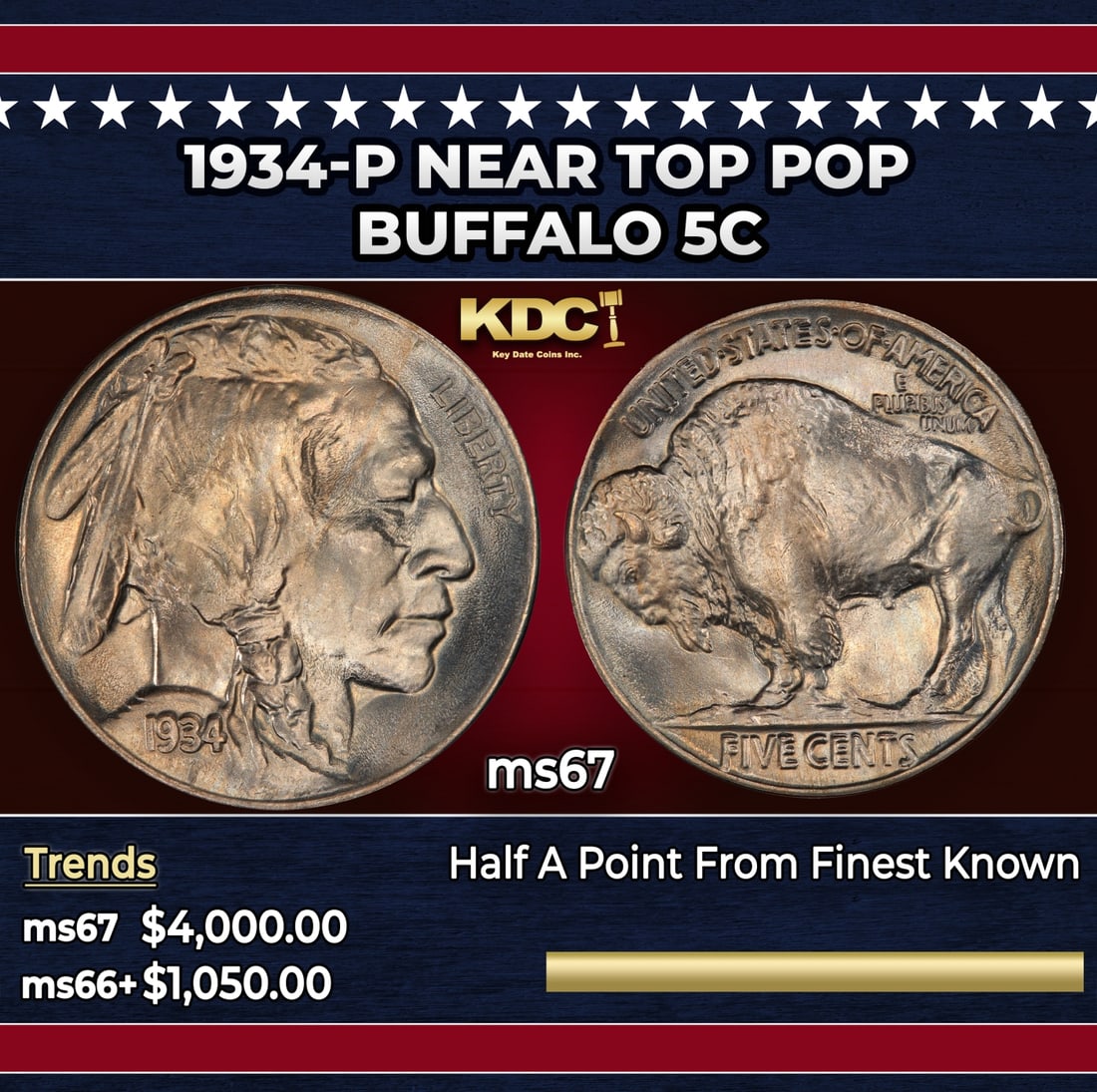 1934-p Buffalo Nickel Near Top Pop 5c ms67 SEGS: 1934-p Near Top Pop Buffalo Nickel 5c ms67 SEGS. Historic precious metal trends is causing increased spot pricing by the day. On auctions with set openings, we are doing our best to have items priced 