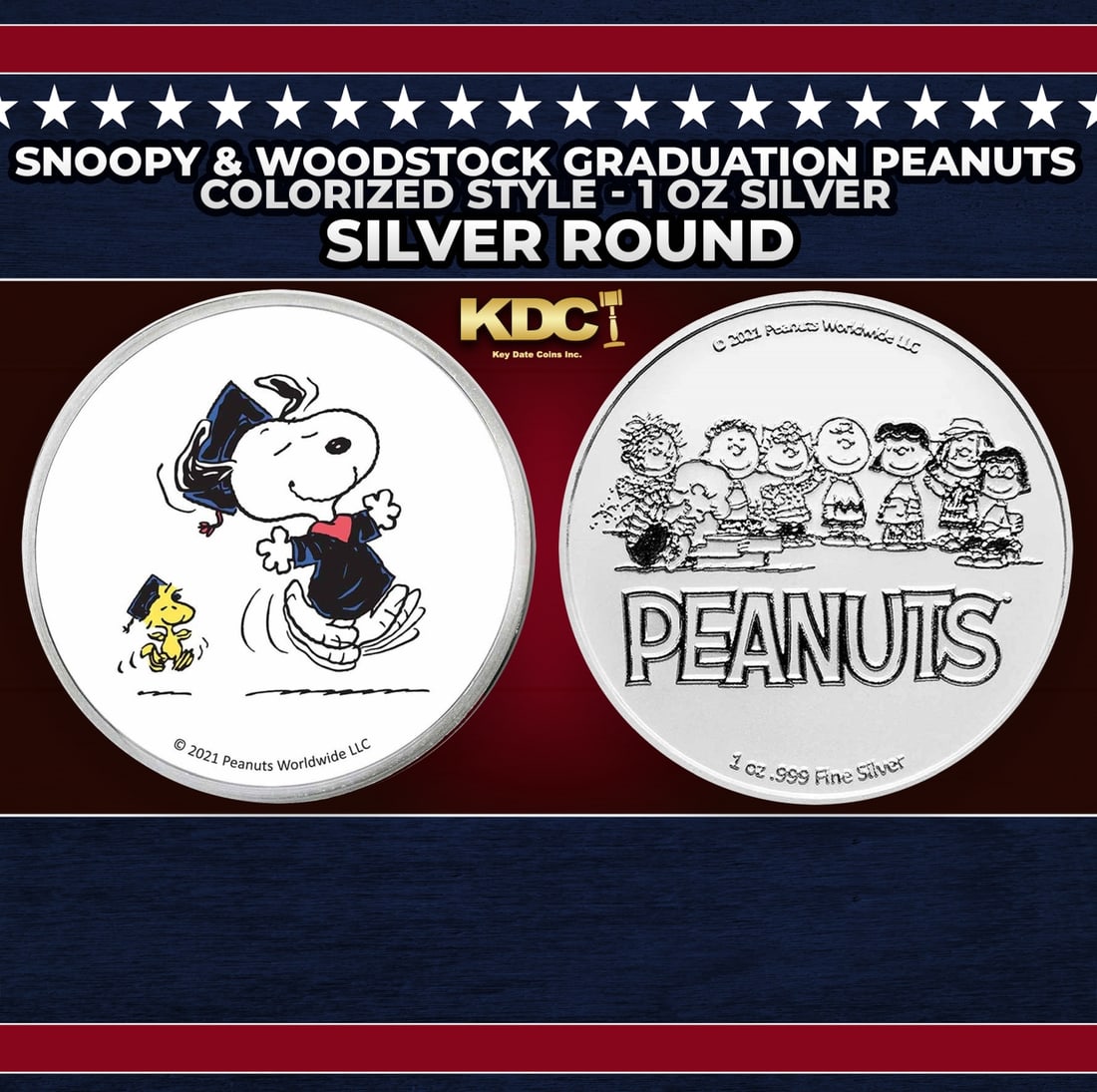 Snoopy & Woodstock Graduation Peanuts Colorized Style - 1 oz Silver Round Round (1 of 3)