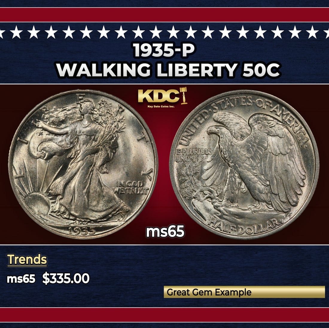 1935-p Walking Liberty Half Dollar 50c Grades ms65: 1935-p Walking Liberty Half Dollar 50c Grades ms65. Historic precious metal trends is causing increased spot pricing by the day. On auctions with set openings, we are doing our best to have items pric