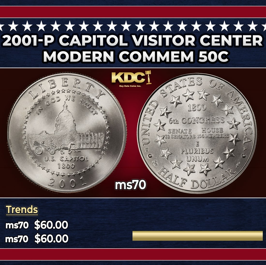 2001-p Capitol Visitor Center Modern Commem Half Dollar 50c ms70 SEGS: 2001-p Capitol Visitor Center Modern Commem Half Dollar 50c ms70 SEGS. Historic precious metal trends is causing increased spot pricing by the day. On auctions with set openings, we are doing our best
