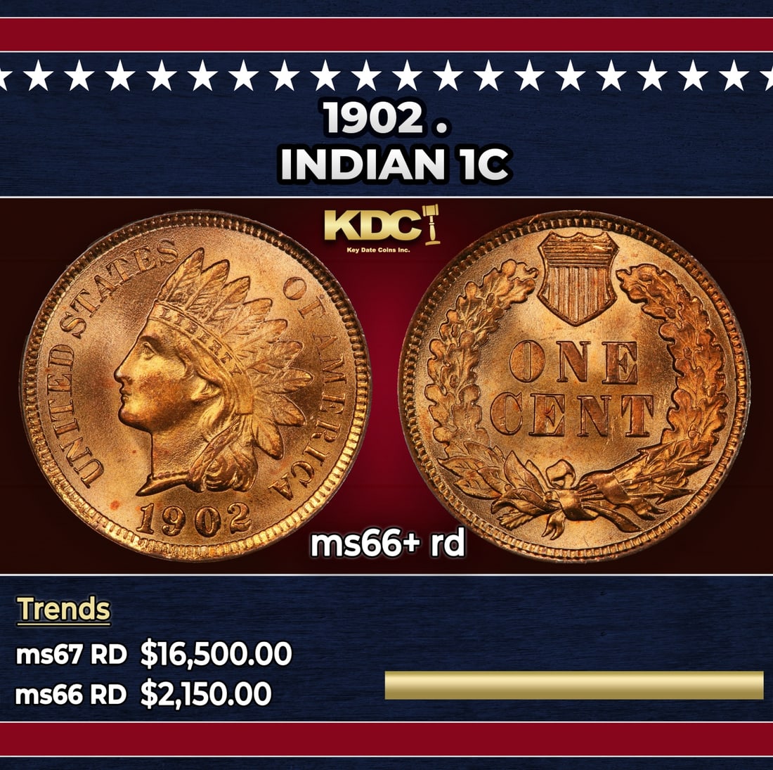 1902 Indian Cent . 1c ms66+ rd SEGS (1 of 3)
