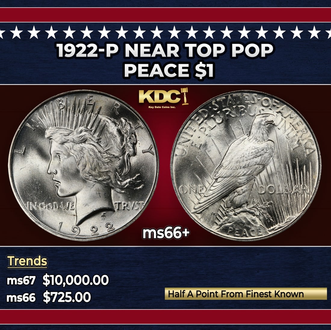 1922-p Peace Dollar Near Top Pop $1 ms66+ SEGS: 1922-p Near Top Pop Peace Dollar $1 ms66+ SEGS. Historic precious metal trends is causing increased spot pricing by the day. On auctions with set openings, we are doing our best to have items priced a