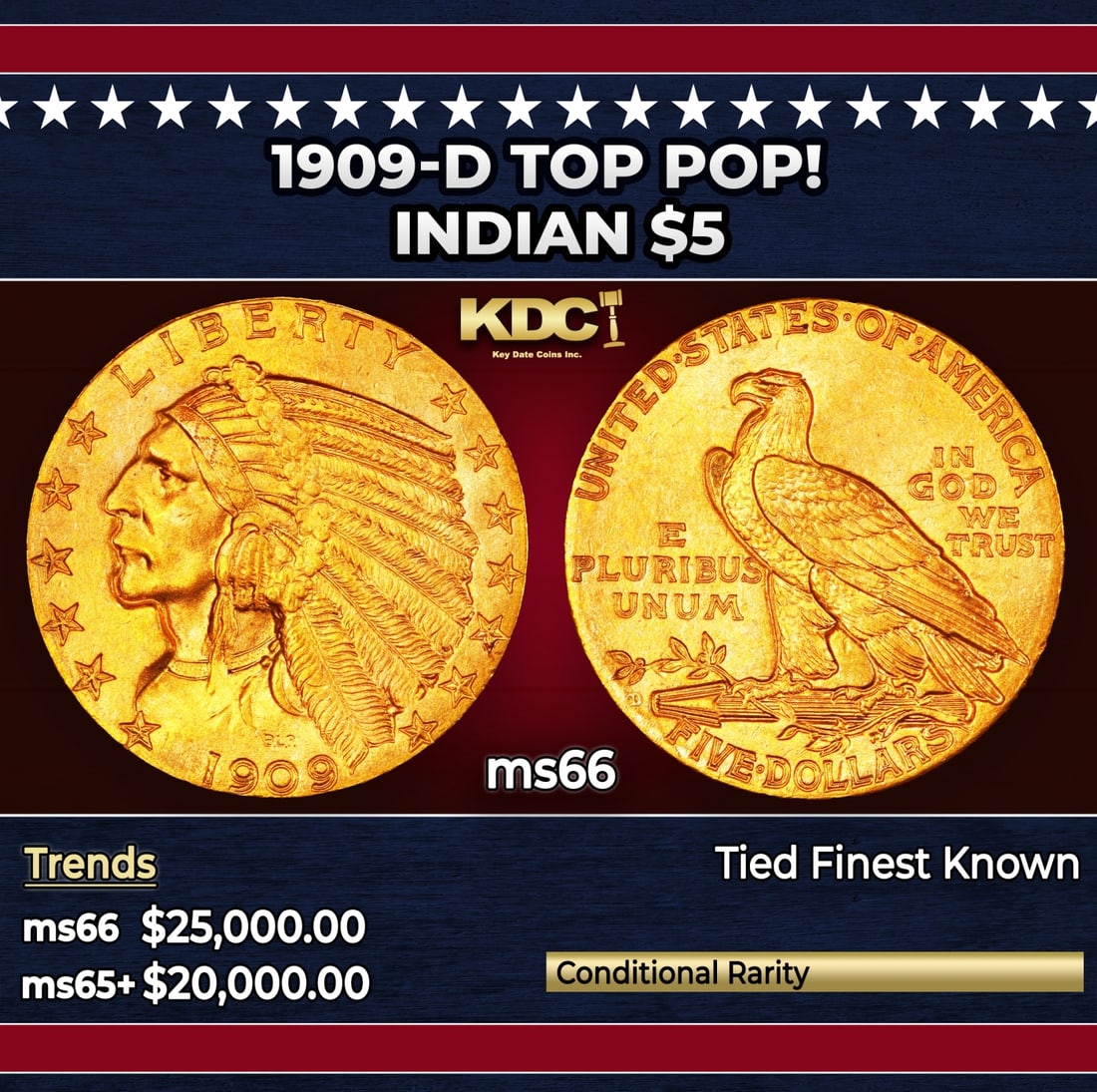 1909-d Gold Indian Half Eagle TOP POP! $5 ms66 USCG: 1909-d TOP POP! Gold Indian Half Eagle $5 ms66 USCG. Offered is an extraordinary example of this otherwise readily obtainable Indian half eagle issue. Intensely lustrous and satiny, the surfaces are e