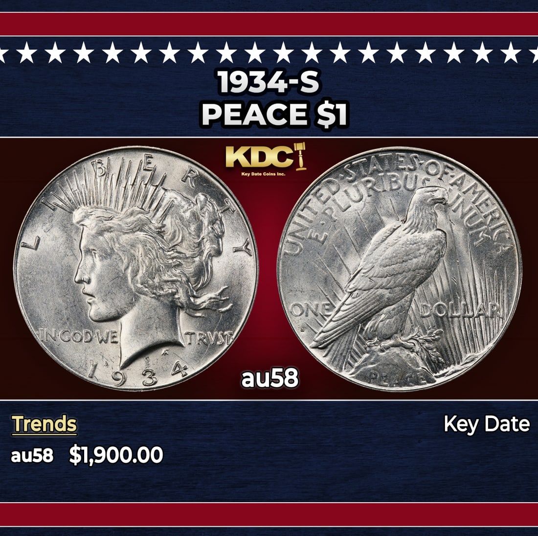 1934-s Peace Dollar $1 au58 SEGS: 1934-s Peace Dollar $1 au58 SEGS. Historic precious metal trends is causing increased spot pricing by the day. On auctions with set openings, we are doing our best to have items priced at their market