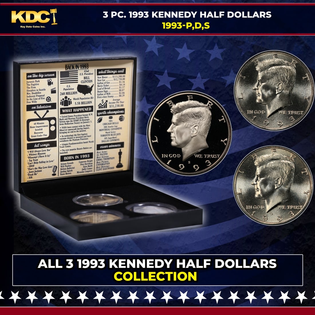 Complete 3 PC. 1993 Kennedy Half Dollar 50c set In Custom Box W/ Special Backer Card BU & Proof (1 of 7)