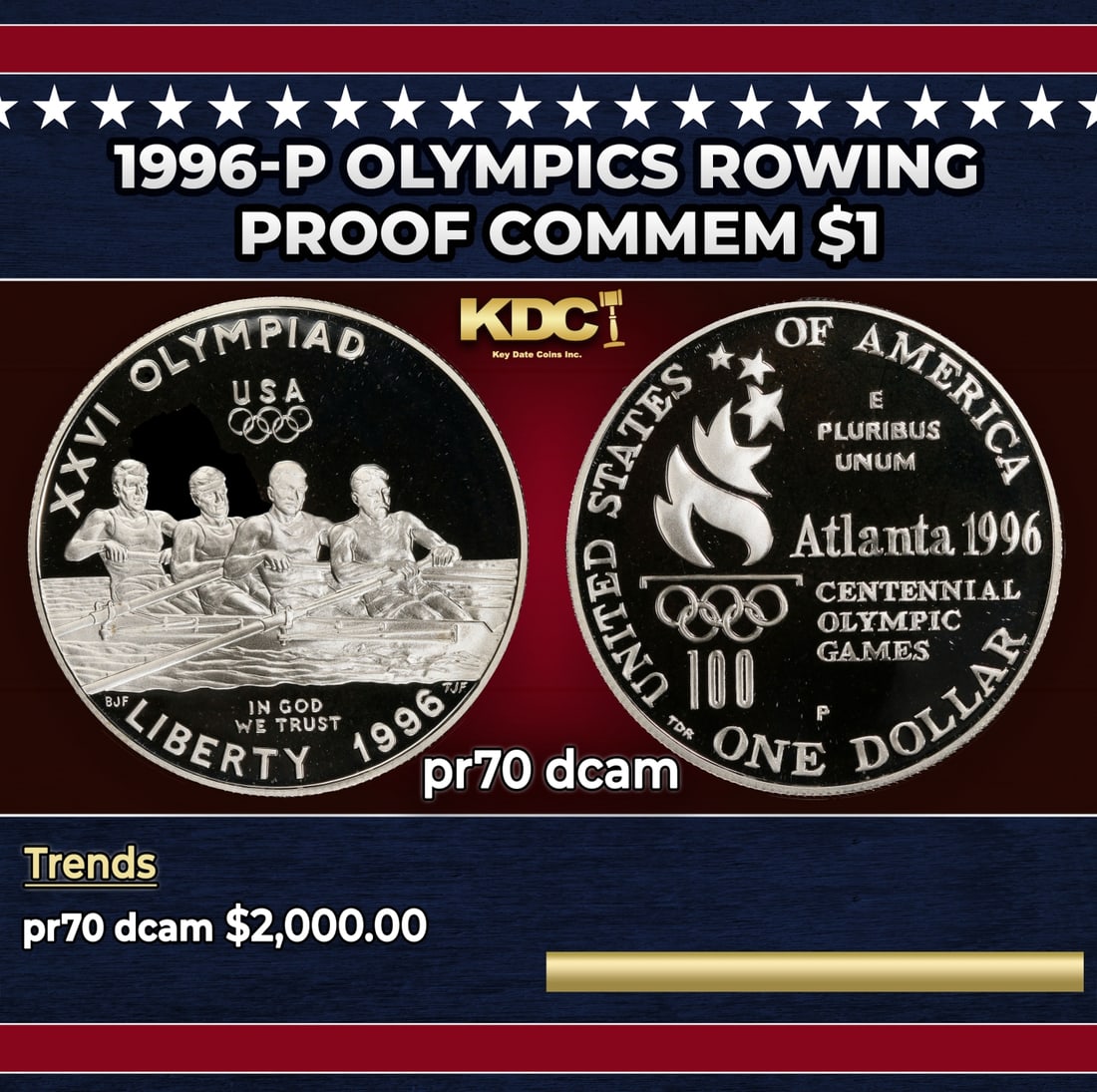 1996-p Olympics Rowing Proof Modern Commem Dollar $1 pr70 dcam SEGS: 1996-p Olympics Rowing Modern Commem Dollar $1 pr70 dcam SEGS. Historic precious metal trends is causing increased spot pricing by the day. On auctions with set openings, we are doing our best to have