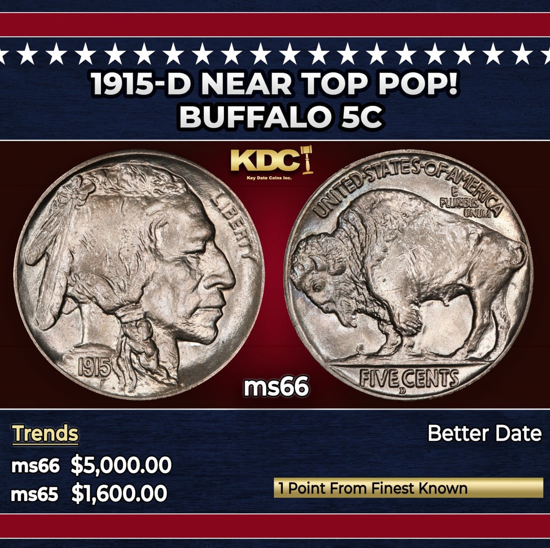1915-d Buffalo Nickel Near Top Pop! 5c ms66 SEGS: 1915-d Near Top Pop! Buffalo Nickel 5c ms66 SEGS. Historic precious metal trends is causing increased spot pricing by the day. On auctions with set openings, we are doing our best to have items priced