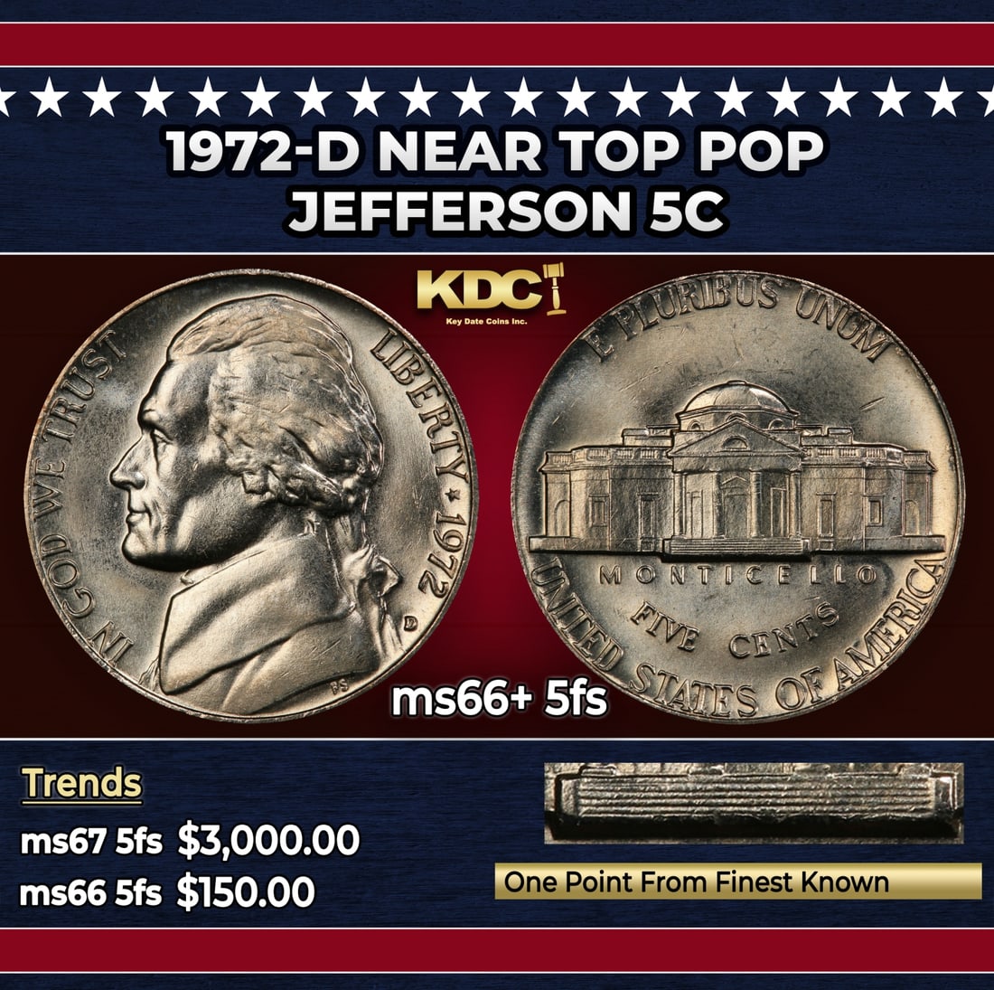 1972-d Jefferson Nickel Near Top Pop 5c ms66+ 5fs SEGS: 1972-d Near Top Pop Jefferson Nickel 5c ms66+ 5fs SEGS. Historic precious metal trends is causing increased spot pricing by the day. On auctions with set openings, we are doing our best to have items 