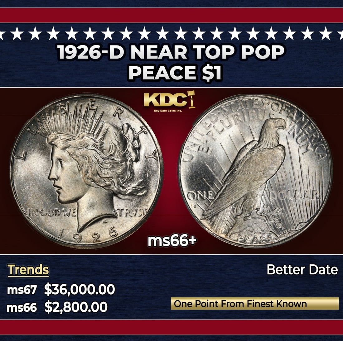 1926-d Peace Dollar Near Top Pop $1 ms66+ SEGS: 1926-d Near Top Pop Peace Dollar $1 ms66+ SEGS. Historic precious metal trends is causing increased spot pricing by the day. On auctions with set openings, we are doing our best to have items priced a