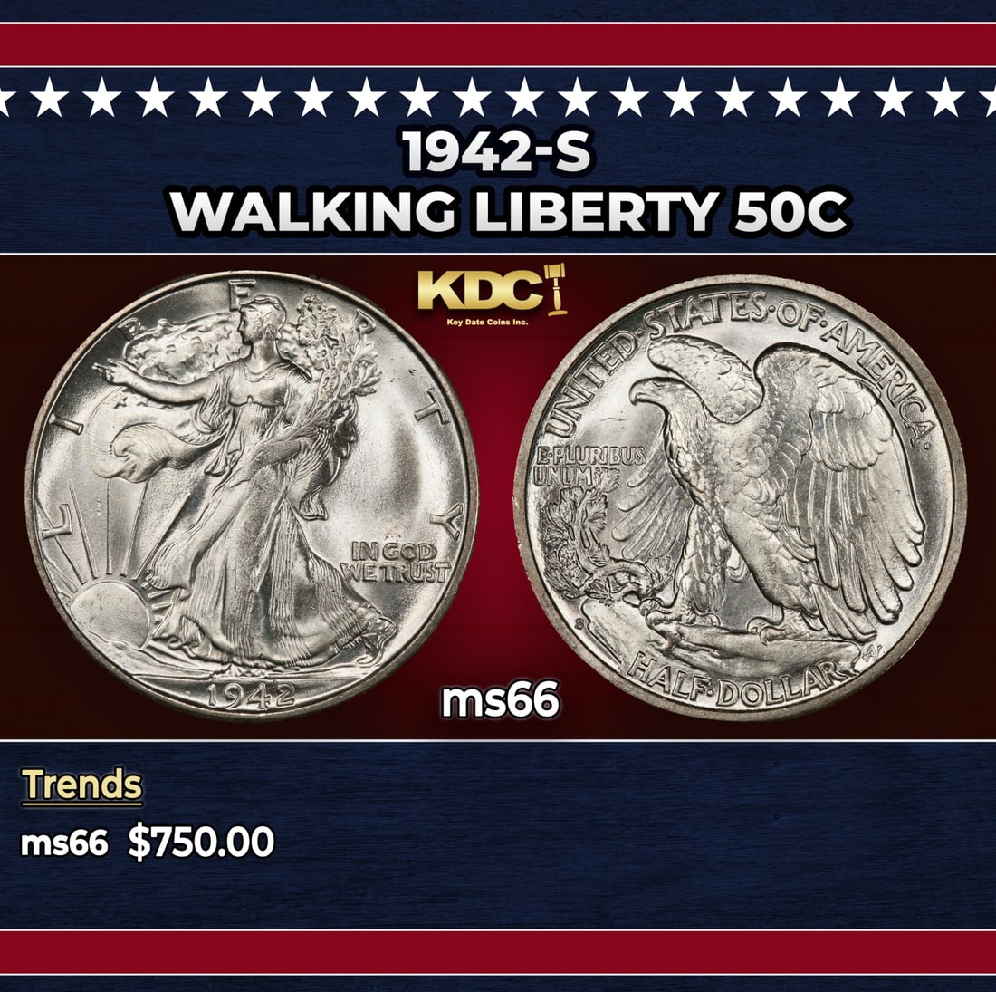 1942-s Walking Liberty Half Dollar 50c Grades ms66: 1942-s Walking Liberty Half Dollar 50c Grades ms66. Historic precious metal trends is causing increased spot pricing by the day. On auctions with set openings, we are doing our best to have items pric