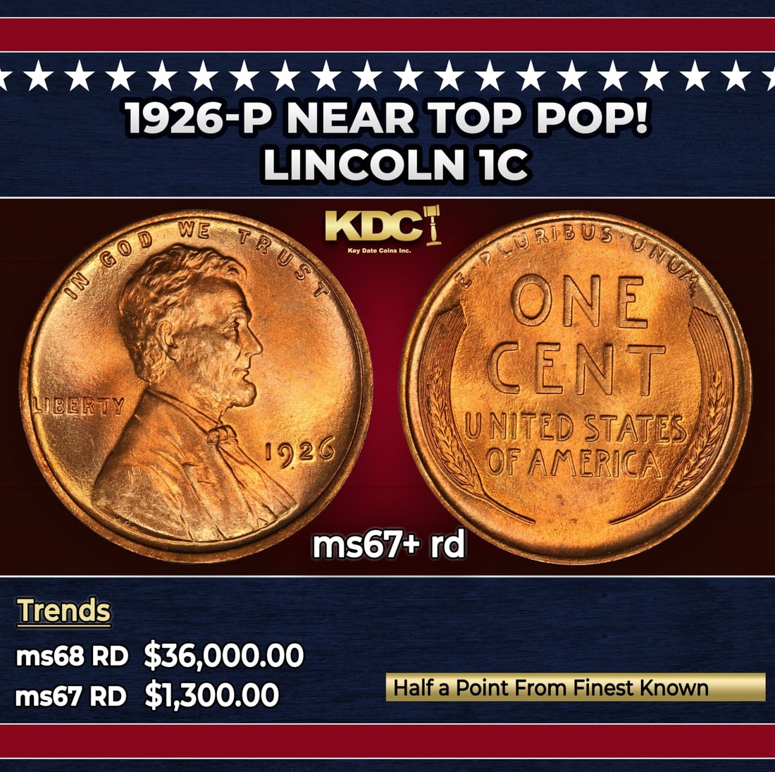 1926-p Lincoln Cent Near Top Pop! 1c ms67+ rd SEGS: 1926-p Near Top Pop! Lincoln Cent 1c ms67+ rd SEGS. Historic precious metal trends is causing increased spot pricing by the day. On auctions with set openings, we are doing our best to have items pric