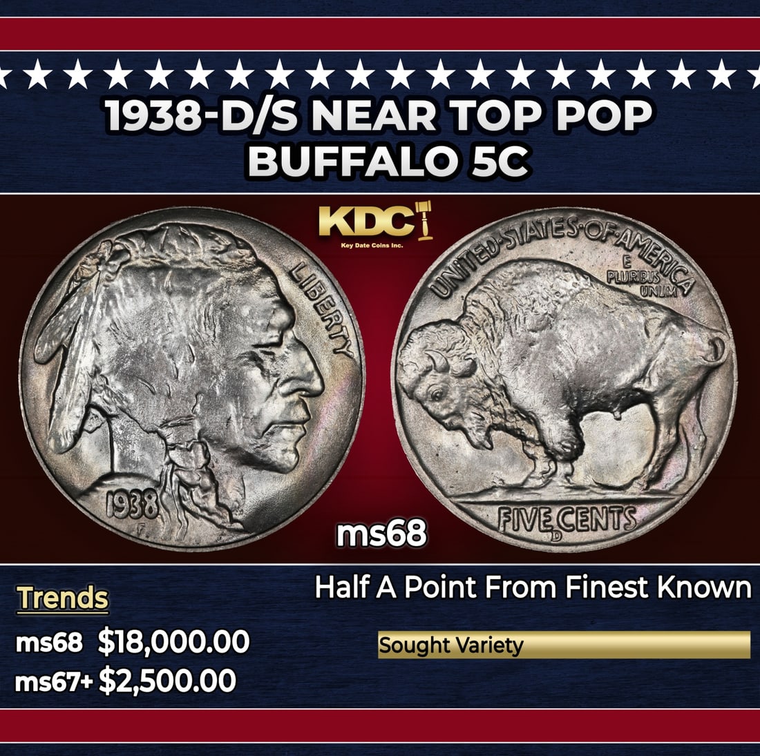 1938-d/s Buffalo Nickel Near Top Pop 5c ms68 SEGS: 1938-d/s Near Top Pop Buffalo Nickel 5c ms68 SEGS. Historic precious metal trends is causing increased spot pricing by the day. On auctions with set openings, we are doing our best to have items price