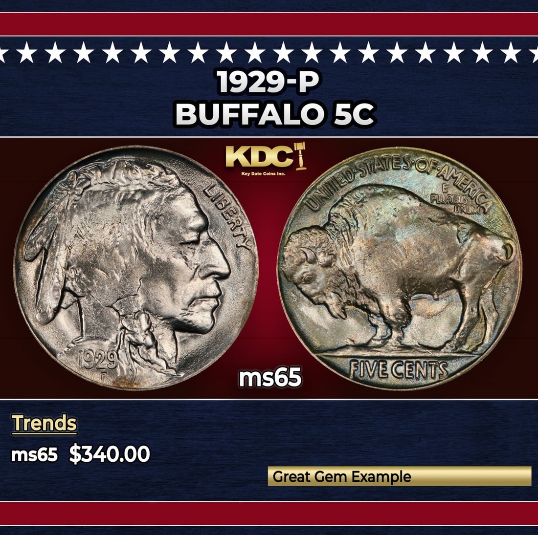 1929-p Buffalo Nickel 5c Grades ms65: 1929-p Buffalo Nickel 5c Grades ms65. Historic precious metal trends is causing increased spot pricing by the day. On auctions with set openings, we are doing our best to have items priced at their ma