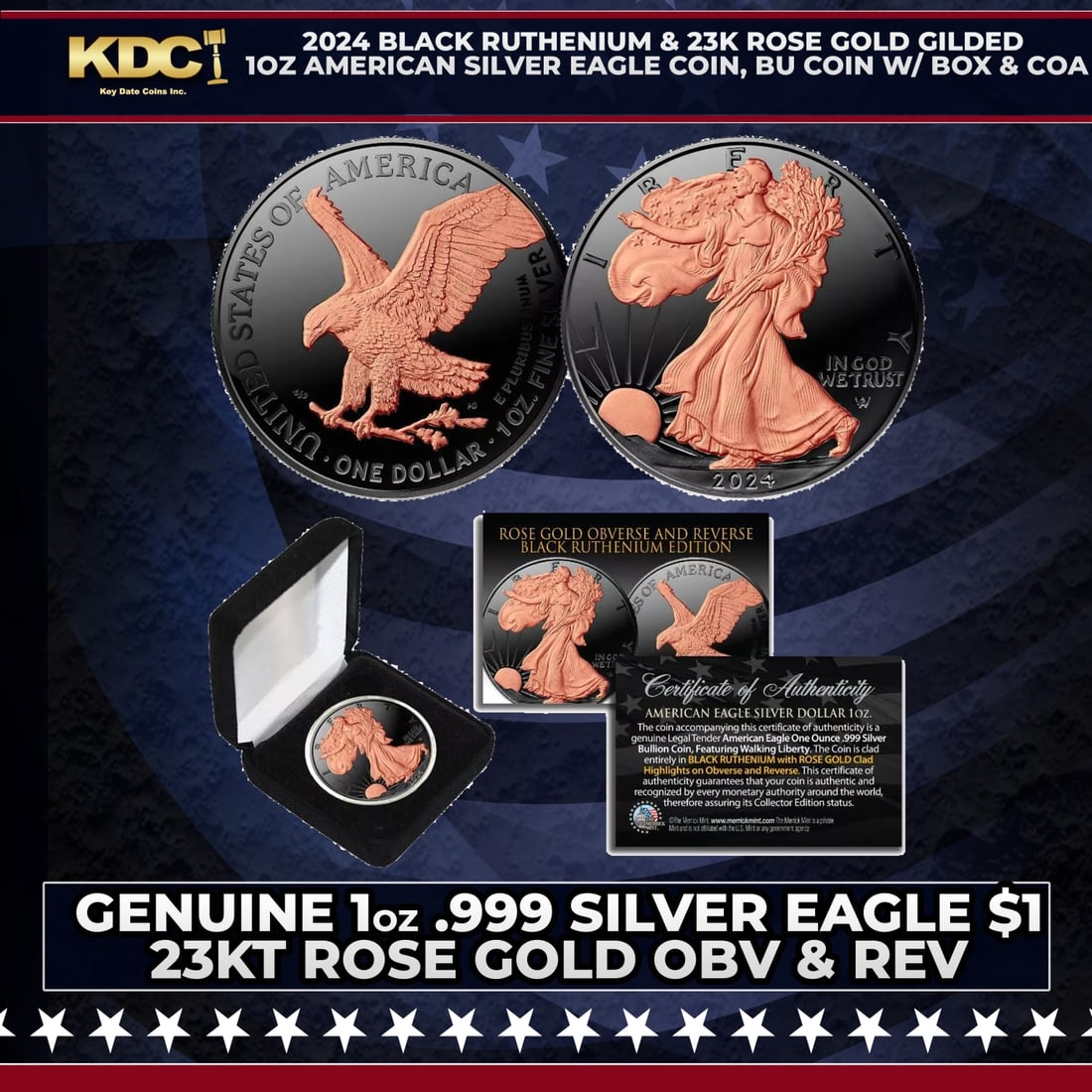 2024 Black Ruthenium & 23K Rose Gold Gilded 1oz American Silver Eagle Coin, BU Coin w/ Box & COA: 2024 Black Ruthenium & 23K Rose Gold Gilded 1oz American Silver Eagle Coin, BU Coin w/ Box & COA. Seize this opportunity to acquire the BLACK RUTHENIUM EDITION 2024 American Silver Eagle Dollar U.S. C