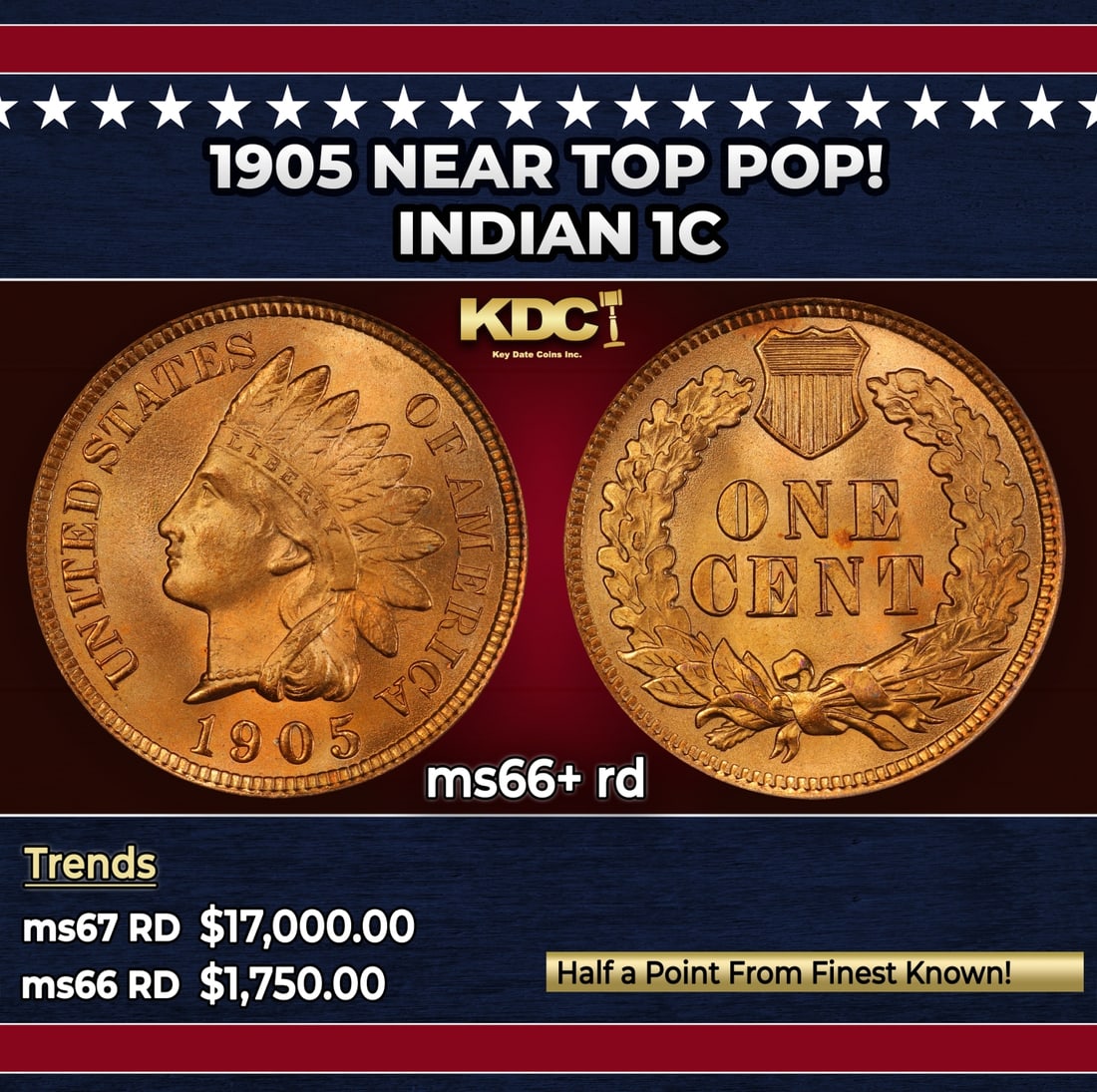 1905 Indian Cent Near Top Pop! 1c ms66+ rd SEGS: 1905 Near Top Pop! Indian Cent 1c ms66+ rd SEGS. Historic precious metal trends is causing increased spot pricing by the day. On auctions with set openings, we are doing our best to have items priced 