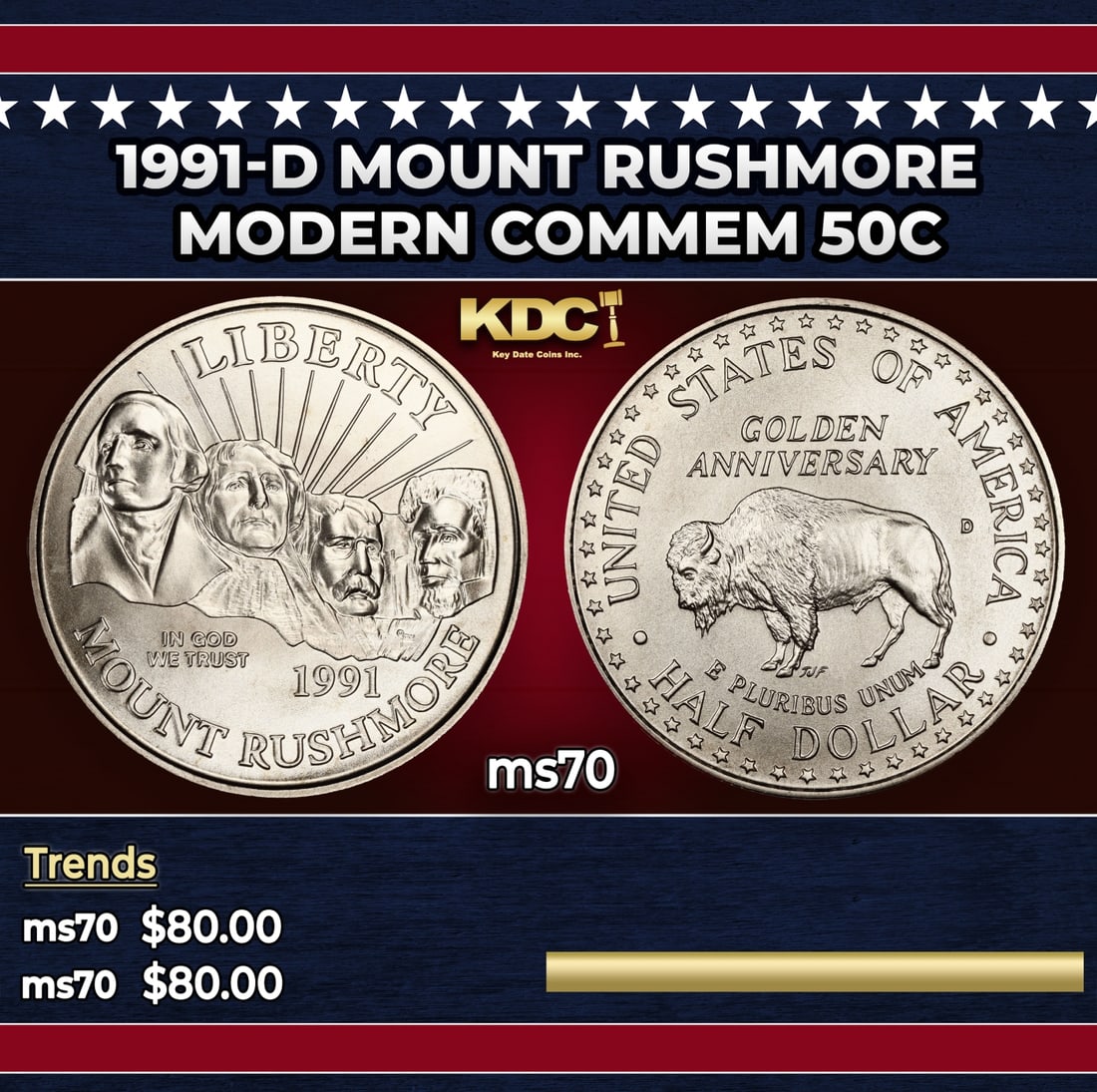 1991-d Mount Rushmore Modern Commem Half Dollar 50c ms70 SEGS (1 of 3)