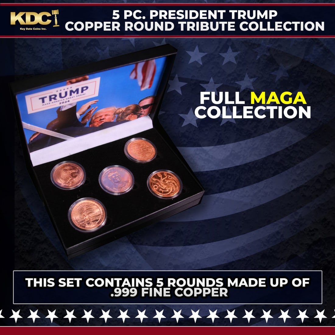 5 Copper Coin President TRUMP MAGA Tribute Set 5oz Of Copper: 5 Copper Coin President TRUMP MAGA Tribute Set 5oz Of Copper. Please Note All Backer Cards may have slight differences but will be very similar if not identical to the one in the photo