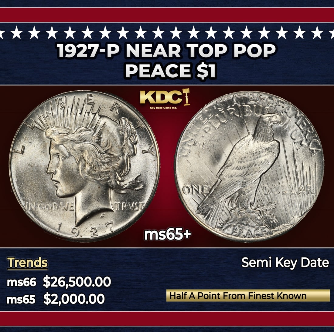 1927-p Peace Dollar Near Top Pop $1 ms65+ SEGS: 1927-p Near Top Pop Peace Dollar $1 ms65+ SEGS. The 27-p is the big sleeper of numismatics in my opinion. It has the 2nd lowest mintage in the whole Peace dollar series. Lower than the 34-s, the 21-p,