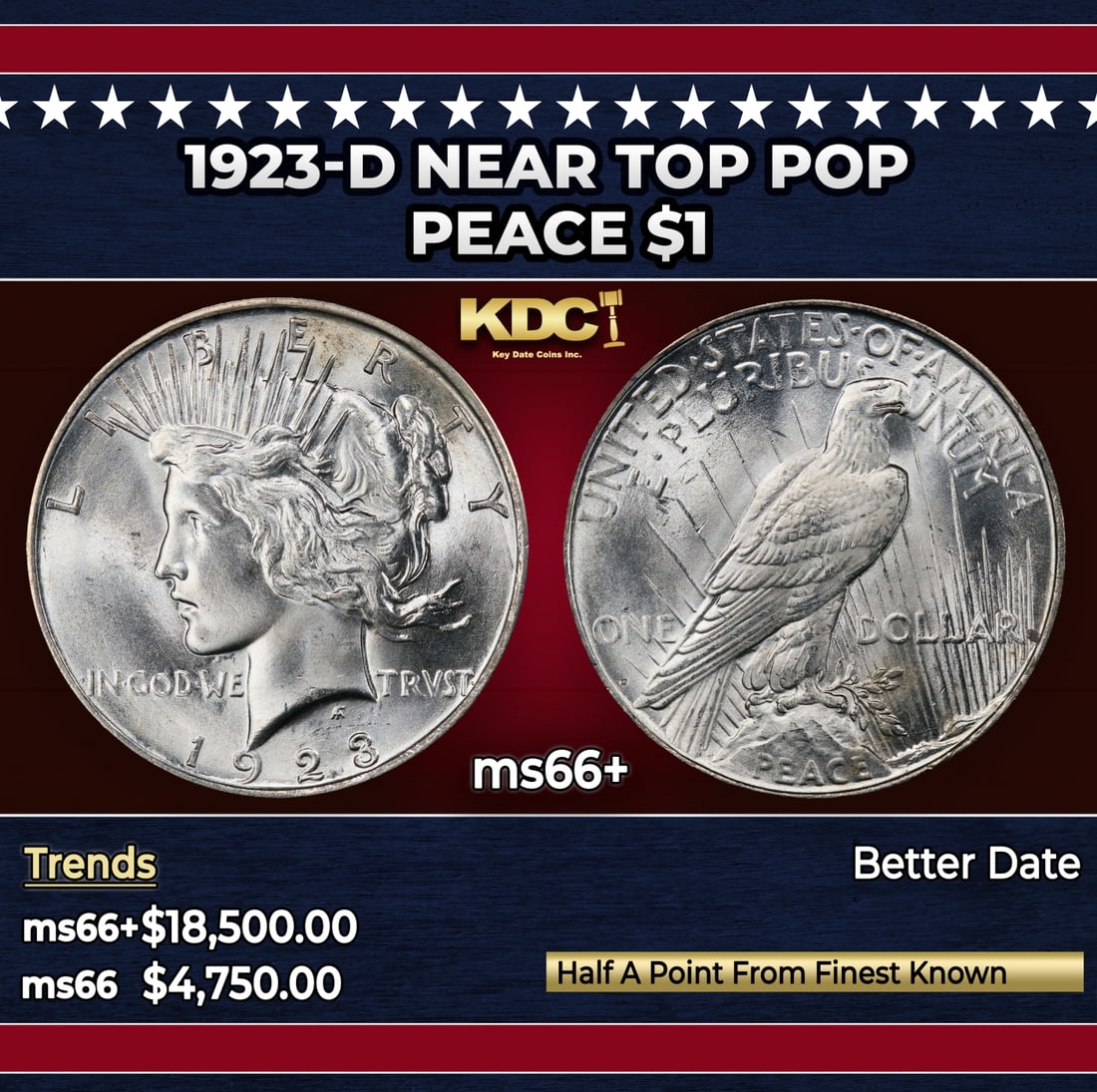 1923-d Peace Dollar Near Top Pop $1 ms66+ SEGS: 1923-d Near Top Pop Peace Dollar $1 ms66+ SEGS. Historic precious metal trends is causing increased spot pricing by the day. On auctions with set openings, we are doing our best to have items priced a