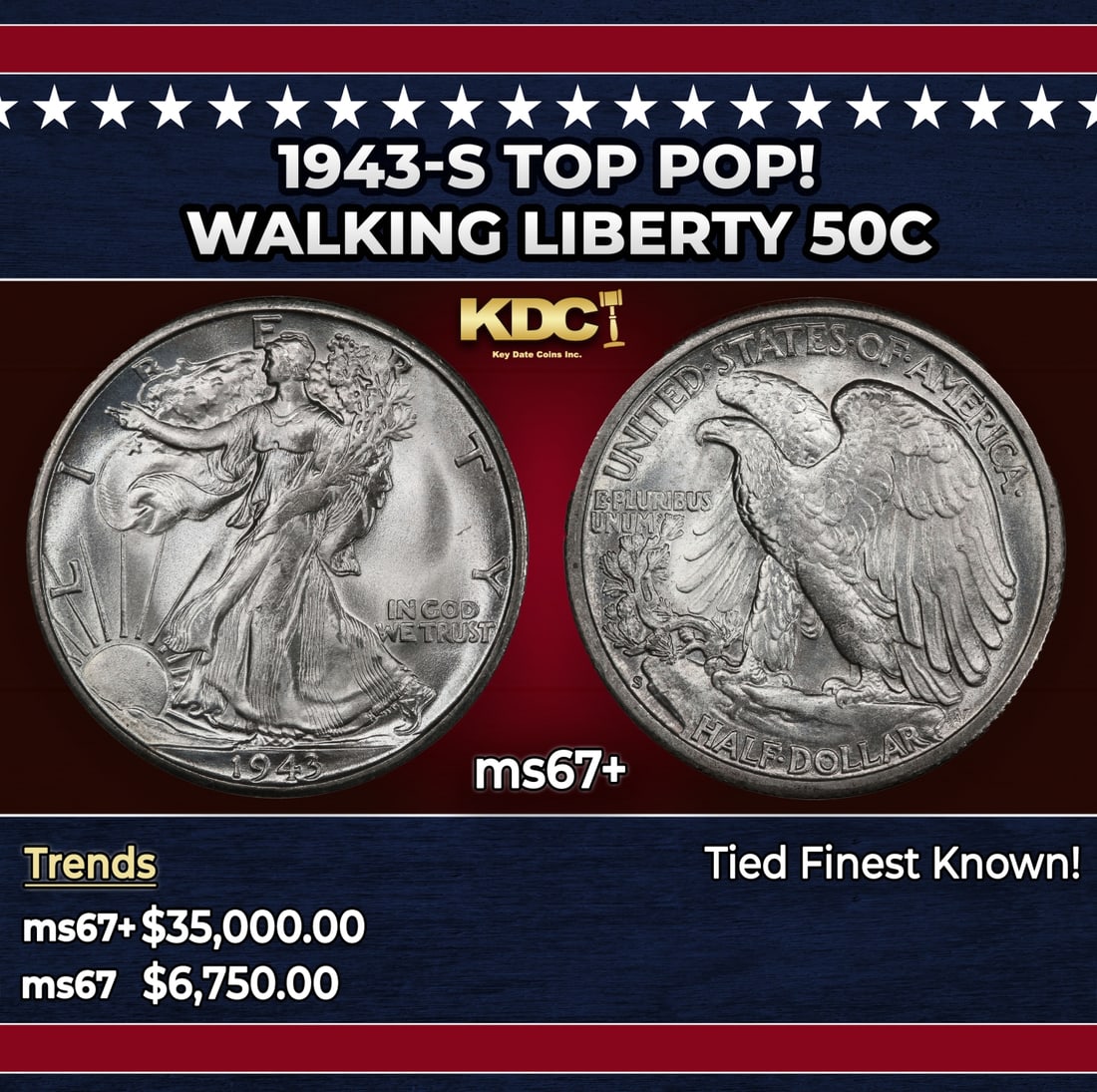 1943-s Walking Liberty Half Dollar TOP POP! 50c ms67+ SEGS: 1943-s TOP POP! Walking Liberty Half Dollar 50c ms67+ SEGS. Historic precious metal trends is causing increased spot pricing by the day. On auctions with set openings, we are doing our best to have it