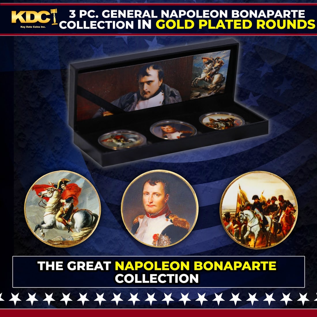 3 Coin General Napoleon Bonaparte Gold Plated Round Collection: 3 Coin General Napoleon Bonaparte Gold Plated Round Collection. Please Note All Backer Cards may have slight differences but will be very similar if not identical to the one in the photo