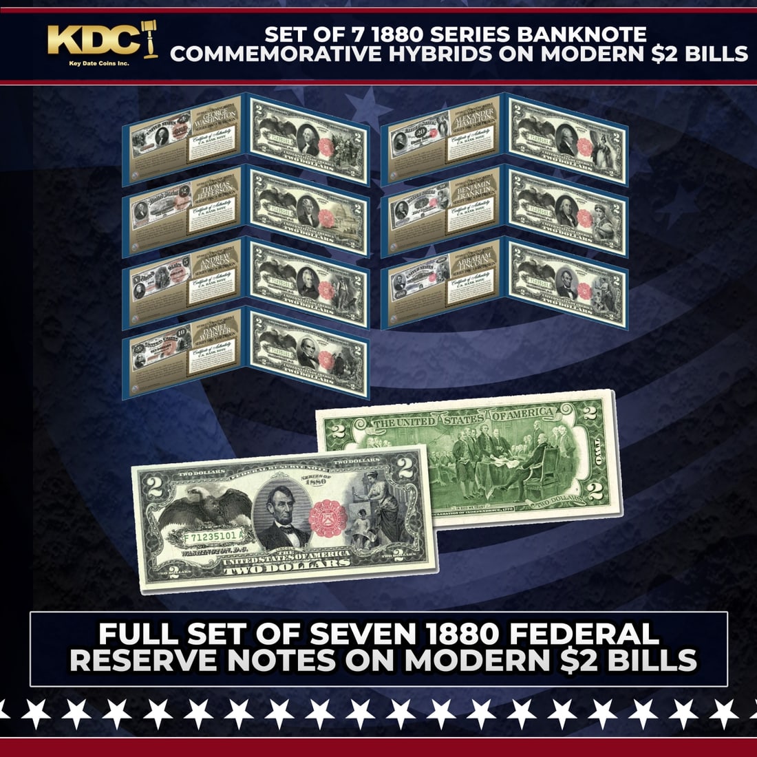 Set of 7 1880 Series Banknote Commemorative Hybrids on Modern $2 Bills Other Toy (1 of 2)