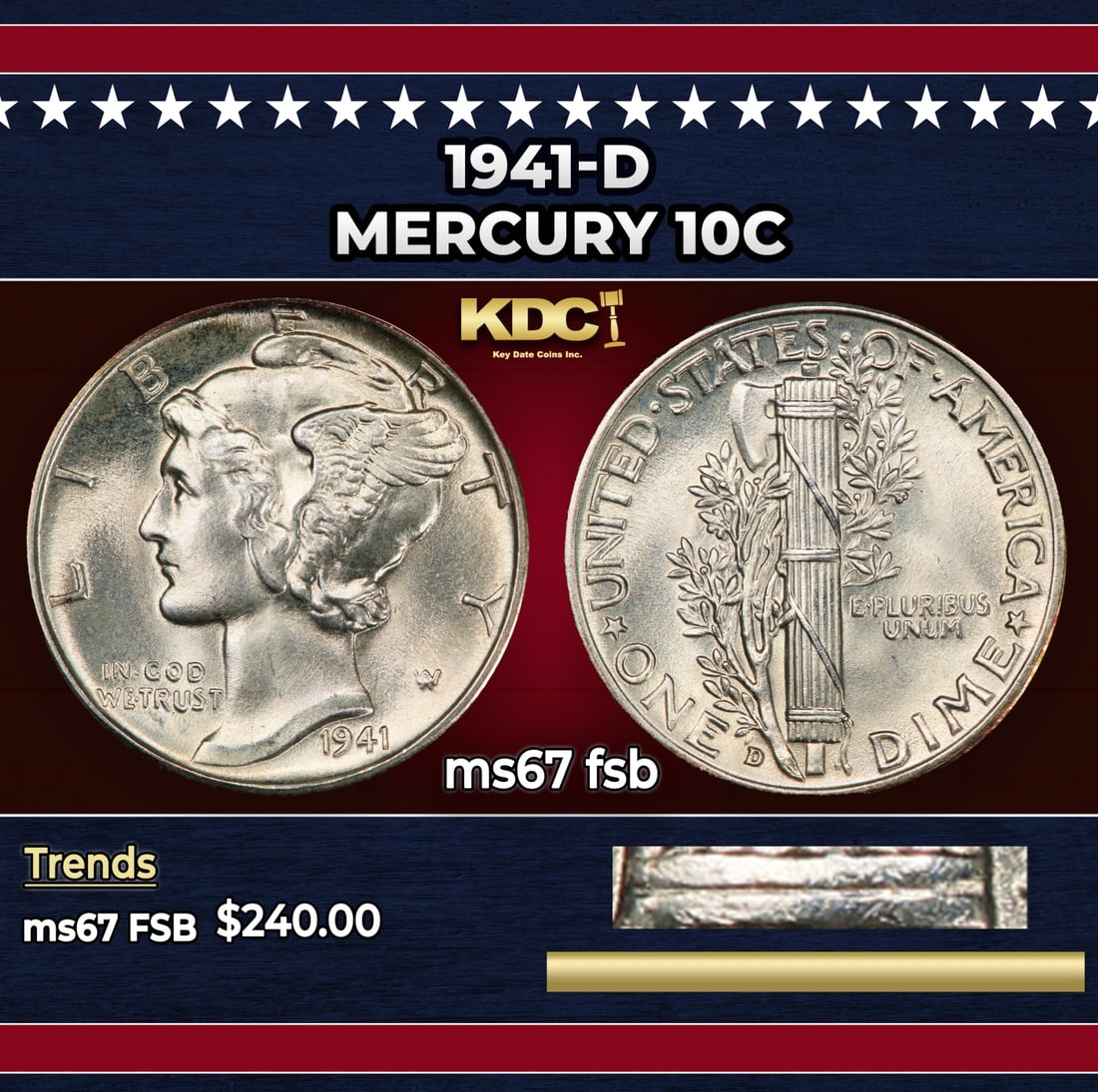 1941-d Mercury Dime 10c ms67 fsb SEGS: 1941-d Mercury Dime 10c ms67 fsb SEGS. Historic precious metal trends is causing increased spot pricing by the day. On auctions with set openings, we are doing our best to have items priced at their m