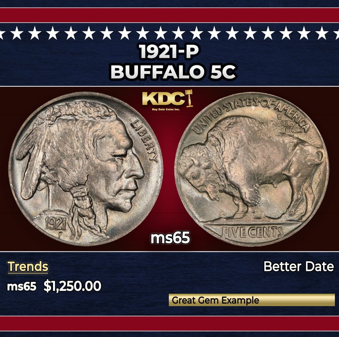 1921-p Buffalo Nickel 5c ms65 SEGS: 1921-p Buffalo Nickel 5c ms65 SEGS. Historic precious metal trends is causing increased spot pricing by the day. On auctions with set openings, we are doing our best to have items priced at their mark