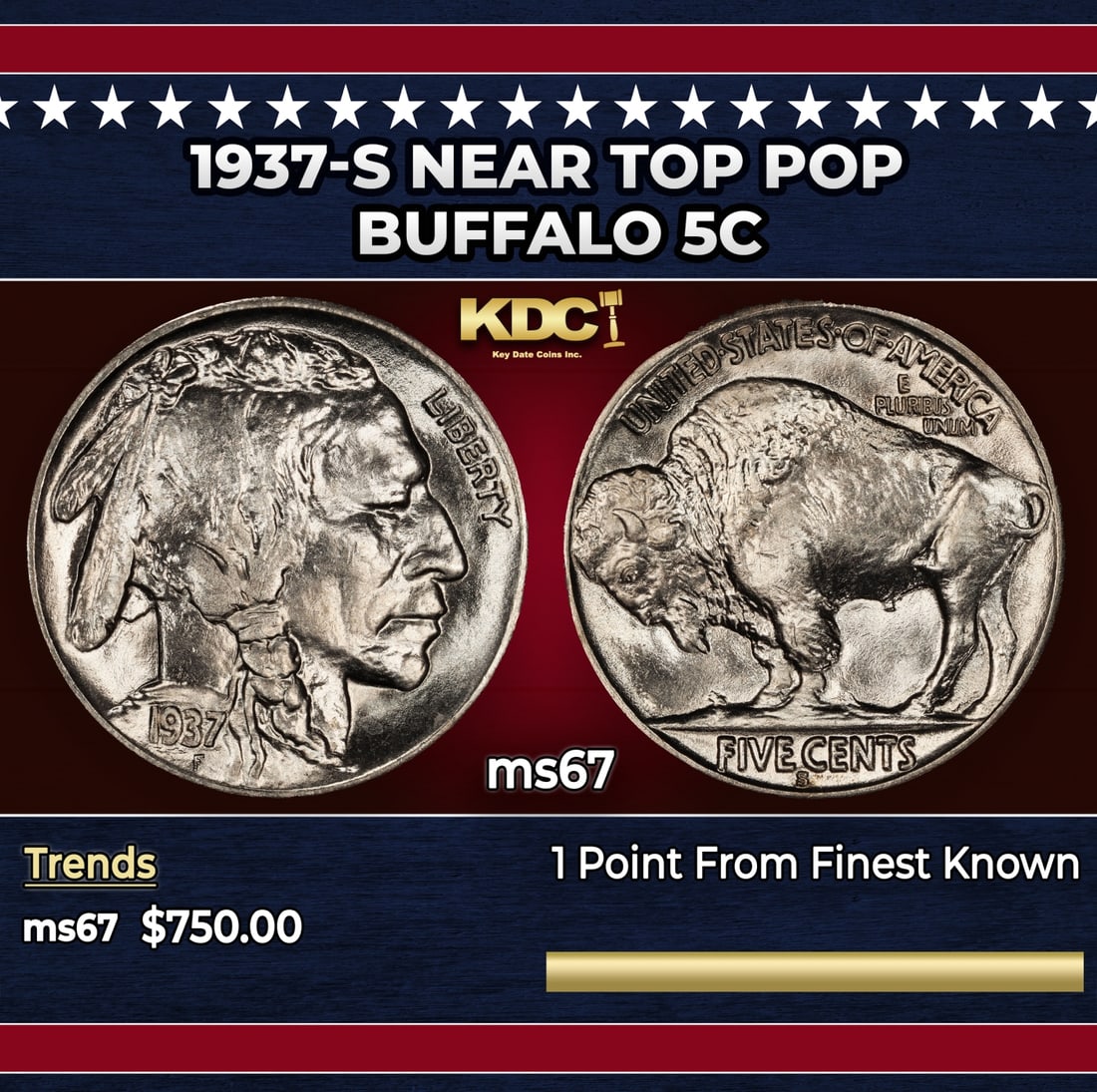 1937-s Buffalo Nickel Near Top Pop 5c ms67 SEGS: 1937-s Near Top Pop Buffalo Nickel 5c ms67 SEGS. Historic precious metal trends is causing increased spot pricing by the day. On auctions with set openings, we are doing our best to have items priced 
